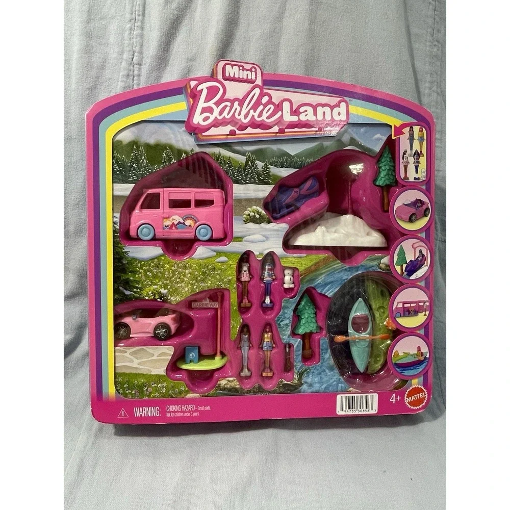 NEW Mini BarbieLand Barbie Convertible DreamCamper Snowmobile & Kayak Playset